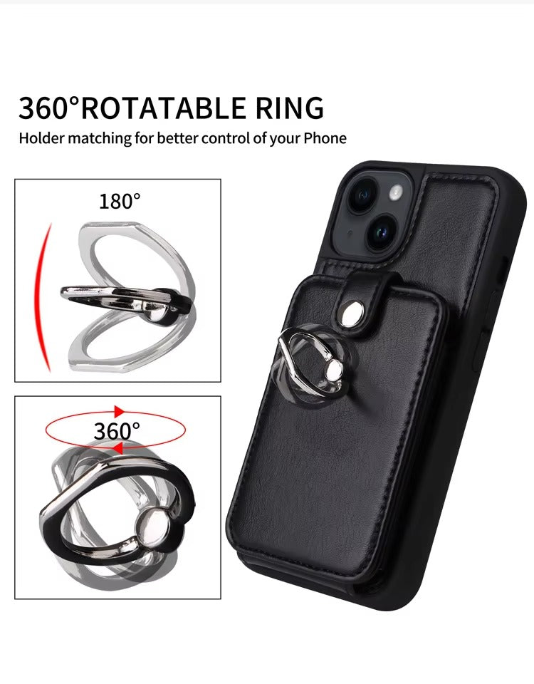 Premium Leather Apple iPhone Case, MagSafe Compatible, Ultra Thin Magnetic Card Slot Wallet and Ring Grip
