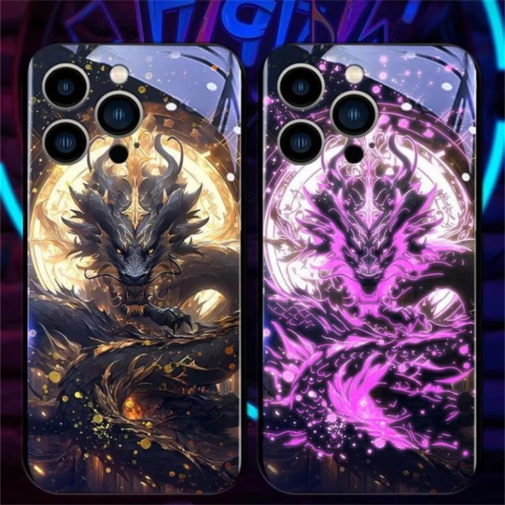 Premium Apple iphone Case, LED Flash, Sound Reactive, Shockproof, Ultra Thin, Full Body Protection, Golden Dragon Luminous Glass Cover