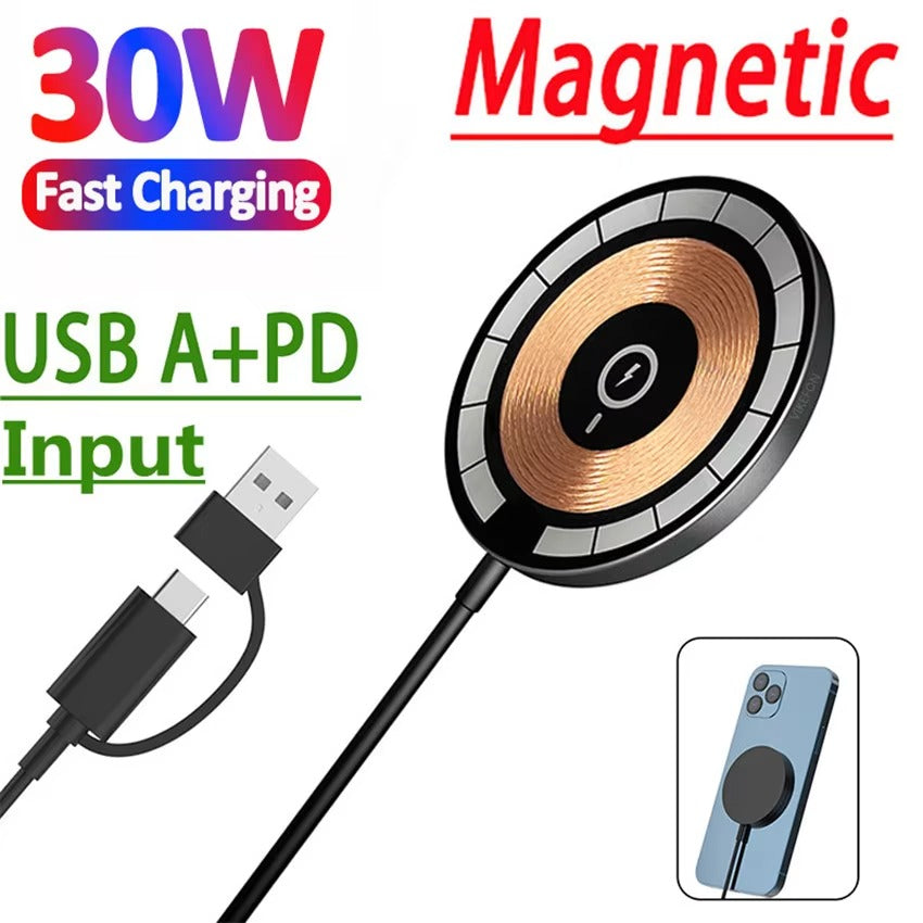 Premium, 30W Magnetic Wireless Charger Pad – Fast Charging Stand for MagSafe-Compatible iPhone, USB-A, PD Power Adapter,