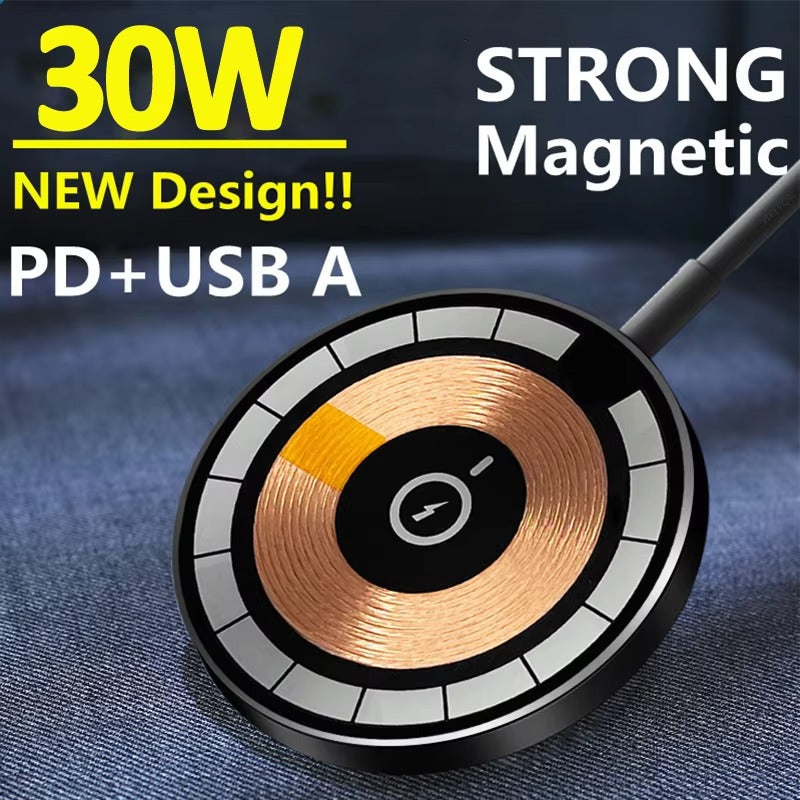 Premium, 30W Magnetic Wireless Charger Pad – Fast Charging Stand for MagSafe-Compatible iPhone, USB-A, PD Power Adapter,