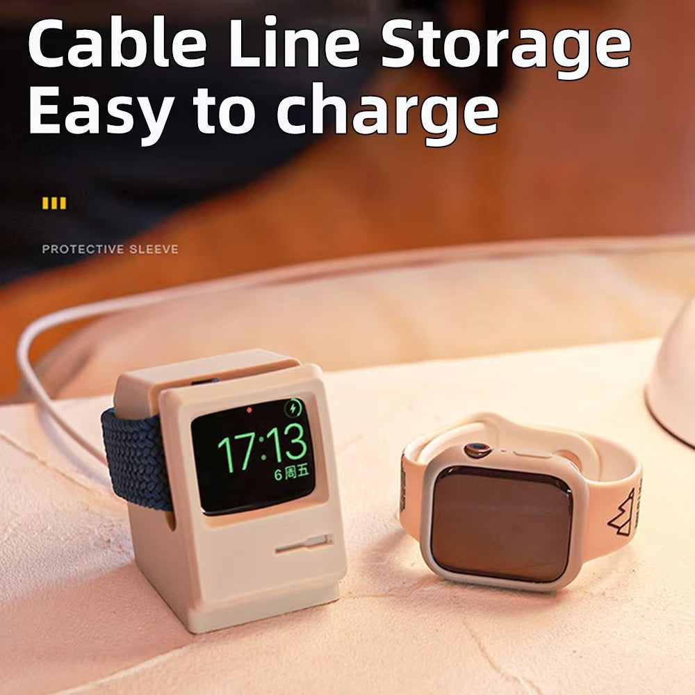 Premium Retro Charging Stand for Smartwatch – Desktop Silicone Dock Holder with Cable Slot, Nightstand Mode Compatible