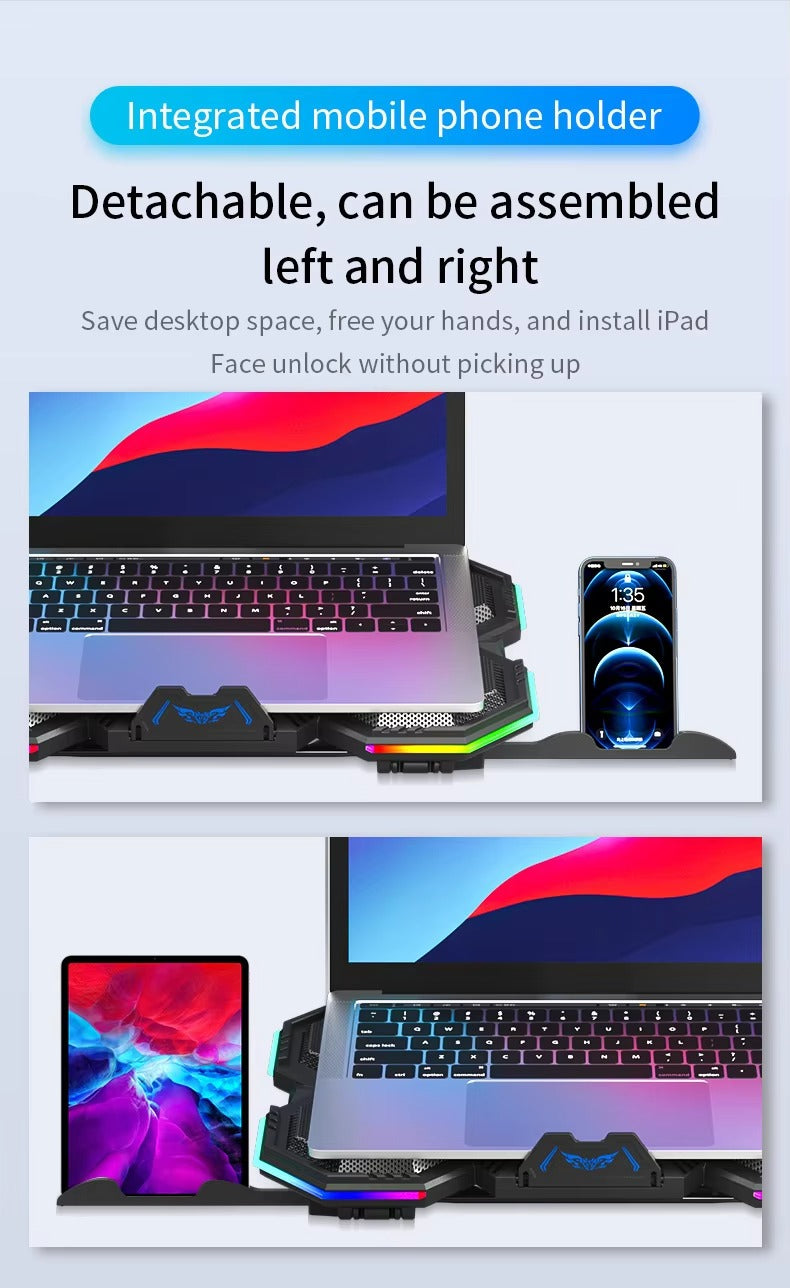 High-Performance, RGB, Gaming Laptop Stand, Air Cooler, Notebook Holder, with 6 Fans, Adjustable, Foldable Base, for 12, 13, 14, 15, 16, 17 Inch Laptops