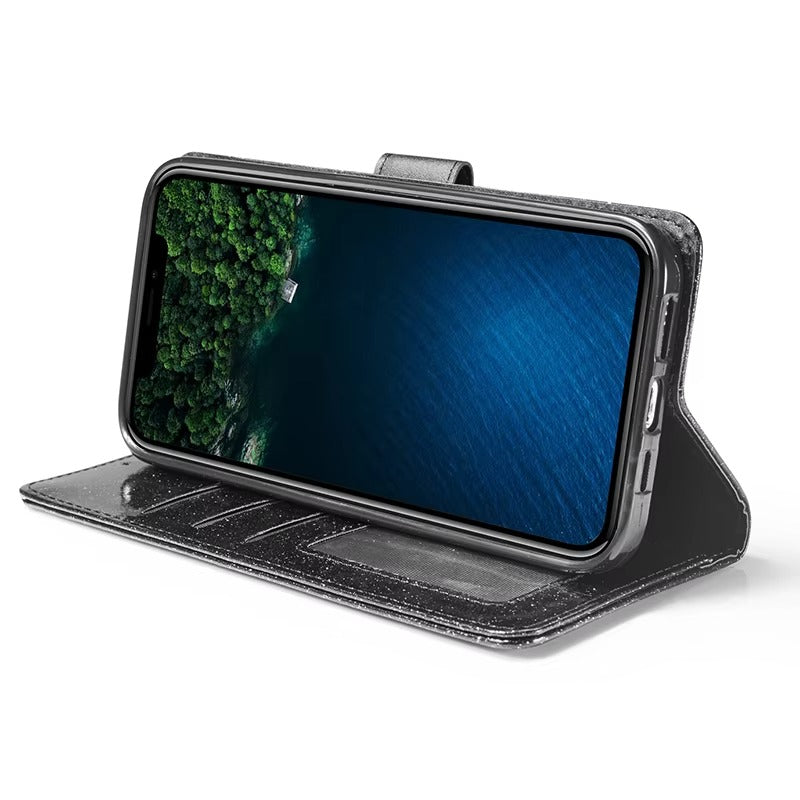 Luxury Apple iPhone Case, MagSafe Compatible, Camera Lens and Screen Protection, Ultra Thin, Shockproof, Magnetic, Full All Around Protection, Glitter Leather Wallet Cover