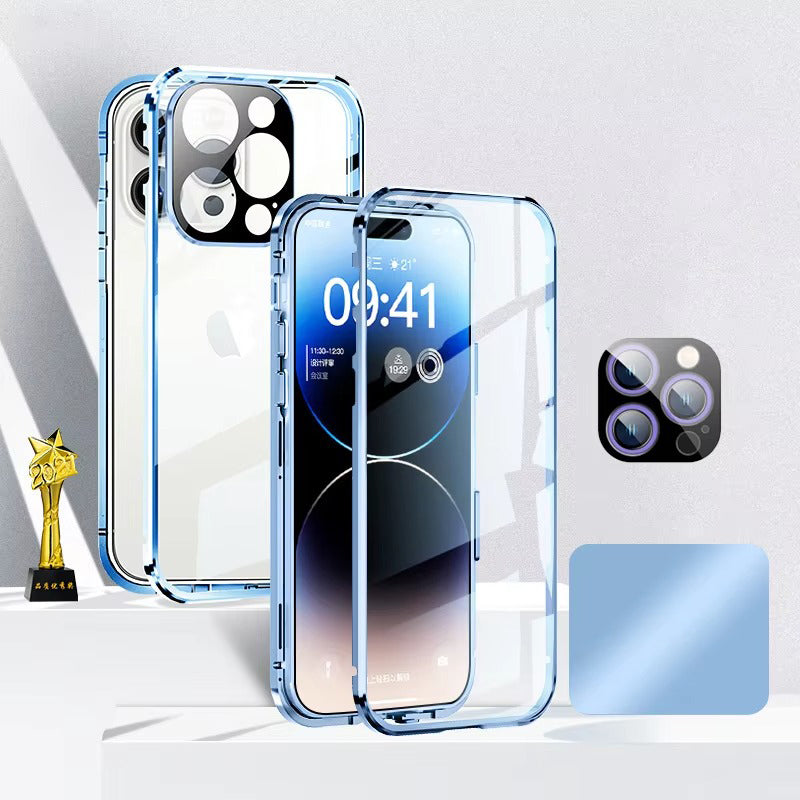 High Quality 360° Magnetic Apple iPhone Case Ultra Full Metal Cover with Dual-Sided Glass and Camera Lens Protection Frame