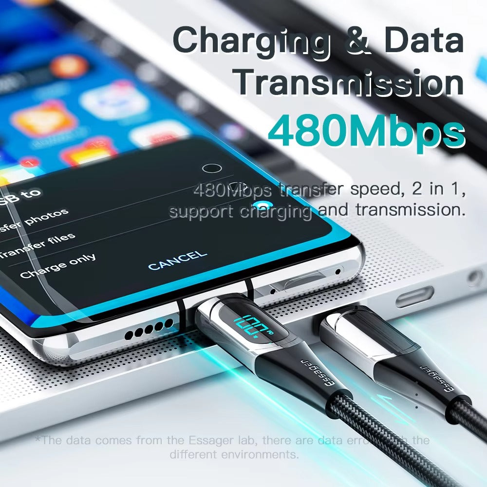 High Power 100W USB-C to USB-C Cable – Fast Charging 5A PD Charger Cord with LED Display, 480Mbps Data Transfer, 1m/2m Nylon Braided Wire for Laptop & Phone