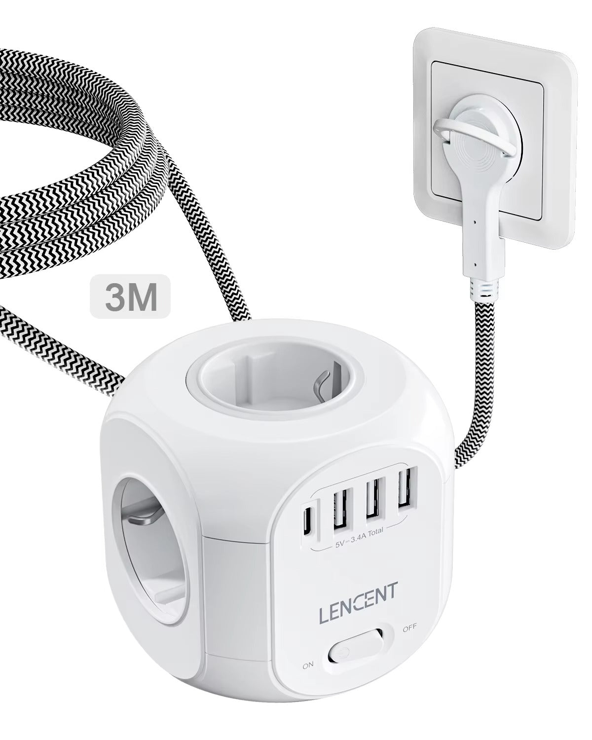 Premium, EU Plug Power Strip with 4 AC Outlets, 3 USB Ports, 1 Type-C, 2M/3M Braided Cable – Multi Socket Extension for Home