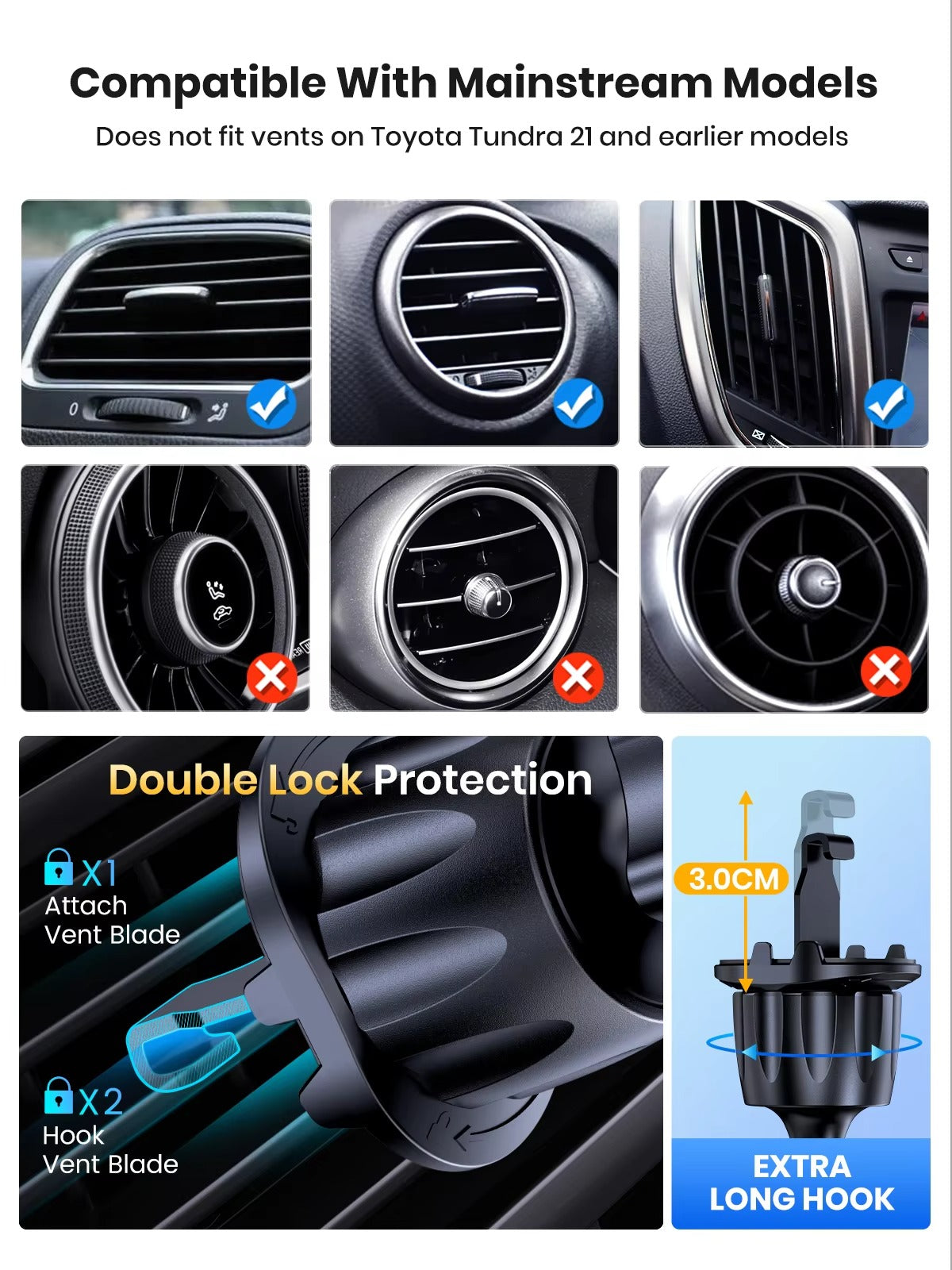 High Quality Universal Car Phone Holder – 360° Rotating Vent Mount with Hook Clip, Apple iPhone Devices