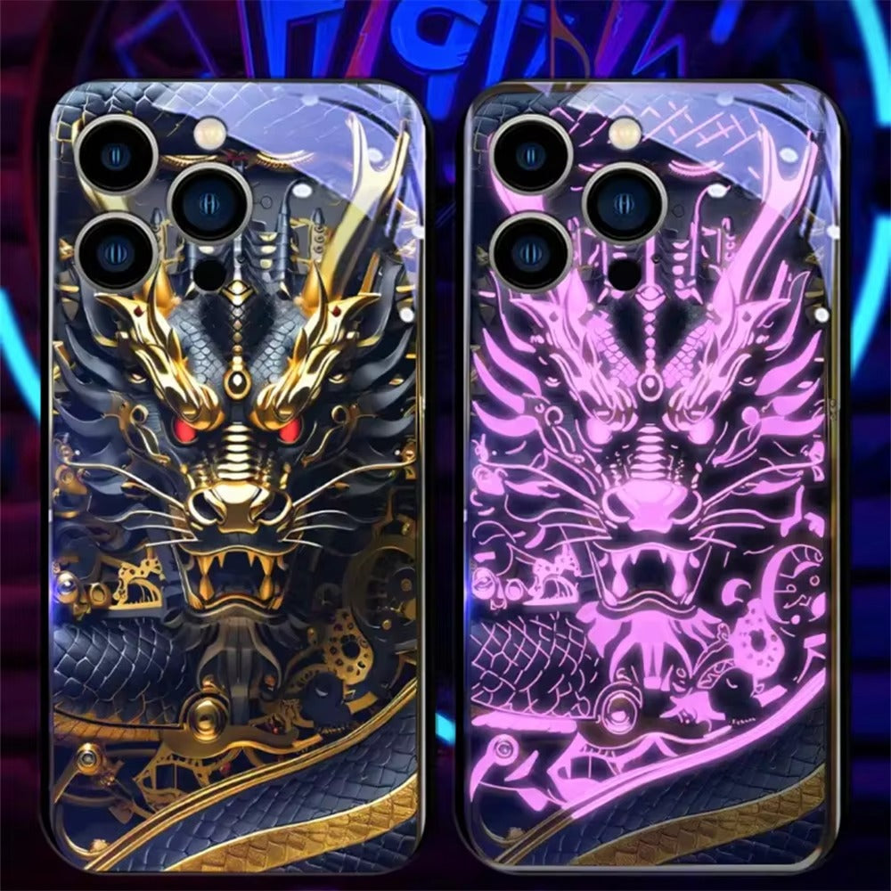 Premium Apple iphone Case, LED Flash, Sound Reactive, Shockproof, Ultra Thin, Full Body Protection, Golden Dragon Luminous Glass Cover