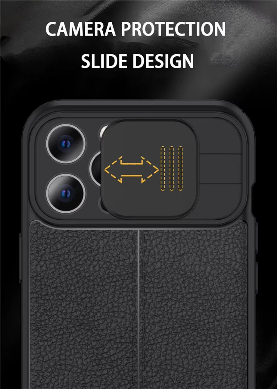 Luxury Leather Texture Apple iPhone Case, MagSafe Compatible, Ultra Thin Magnetic Shockproof Sliding Camera Lens Protector