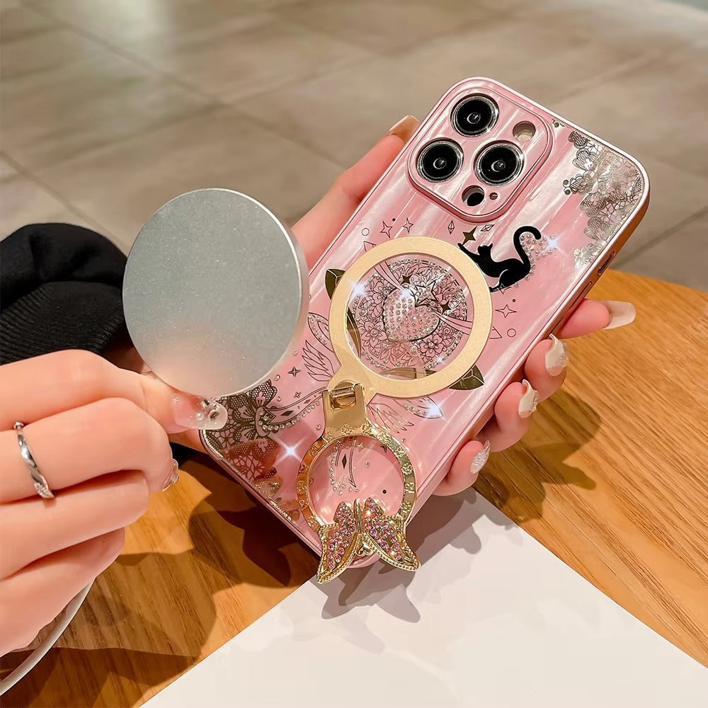 Luxury Apple iPhone Case, MagSafe Compatible, Camera Lens and Screen Protection, Ultra Thin, Shockproof, Magnetic, Full All Around Protection, Night Cat Ring Cover