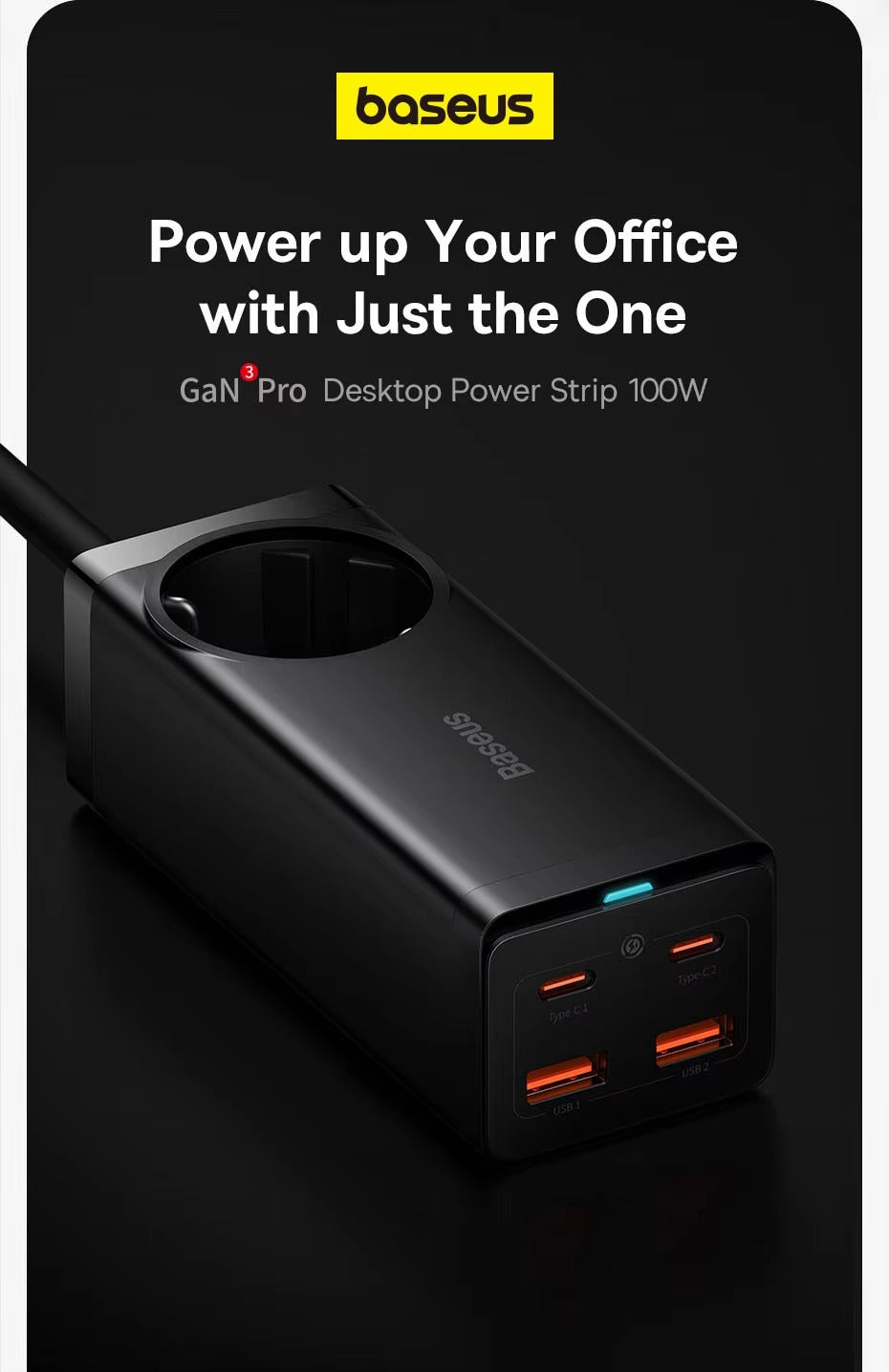 Premium, GaN3 Pro USB Charger Power Strip – Desktop Charging Station with Type-C, PD, QC 4.0, QC 3.0 Fast Charging