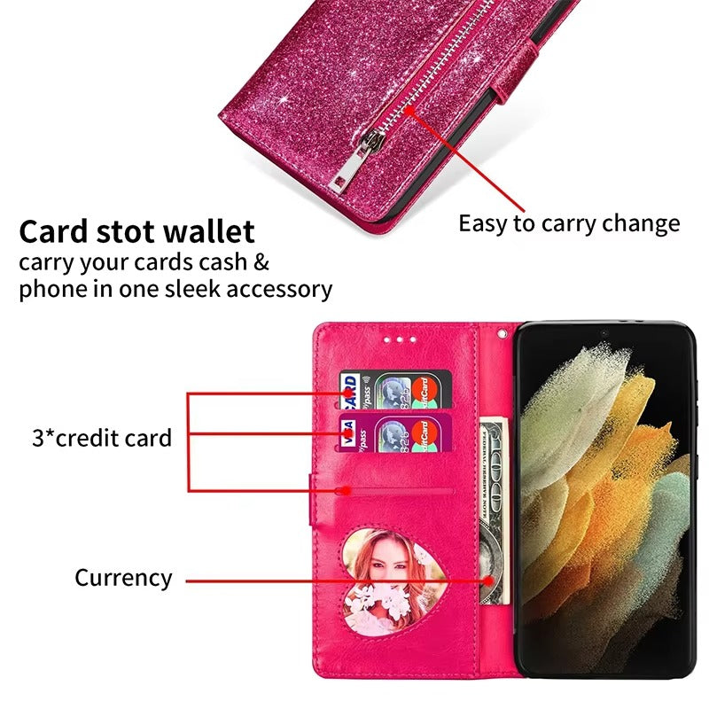 Luxury Apple iPhone Case, MagSafe Compatible, Camera Lens and Screen Protection, Ultra Thin, Shockproof, Magnetic, Full All Around Protection, Glitter Zipper Wallet Cover
