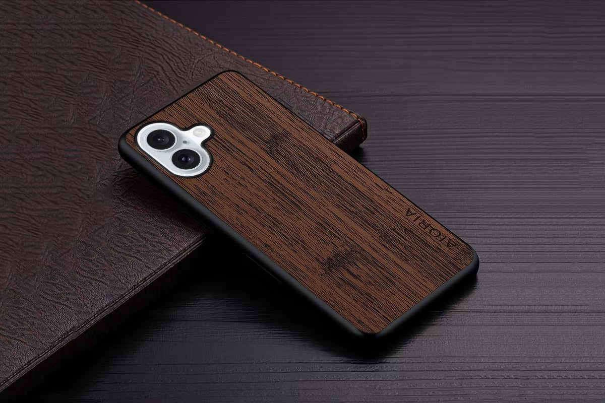 Premium Wood Grain iPhone Case MagSafe Compatible Ultra Thin Magnetic with Smooth Brown Texture and Metallic Frame Design