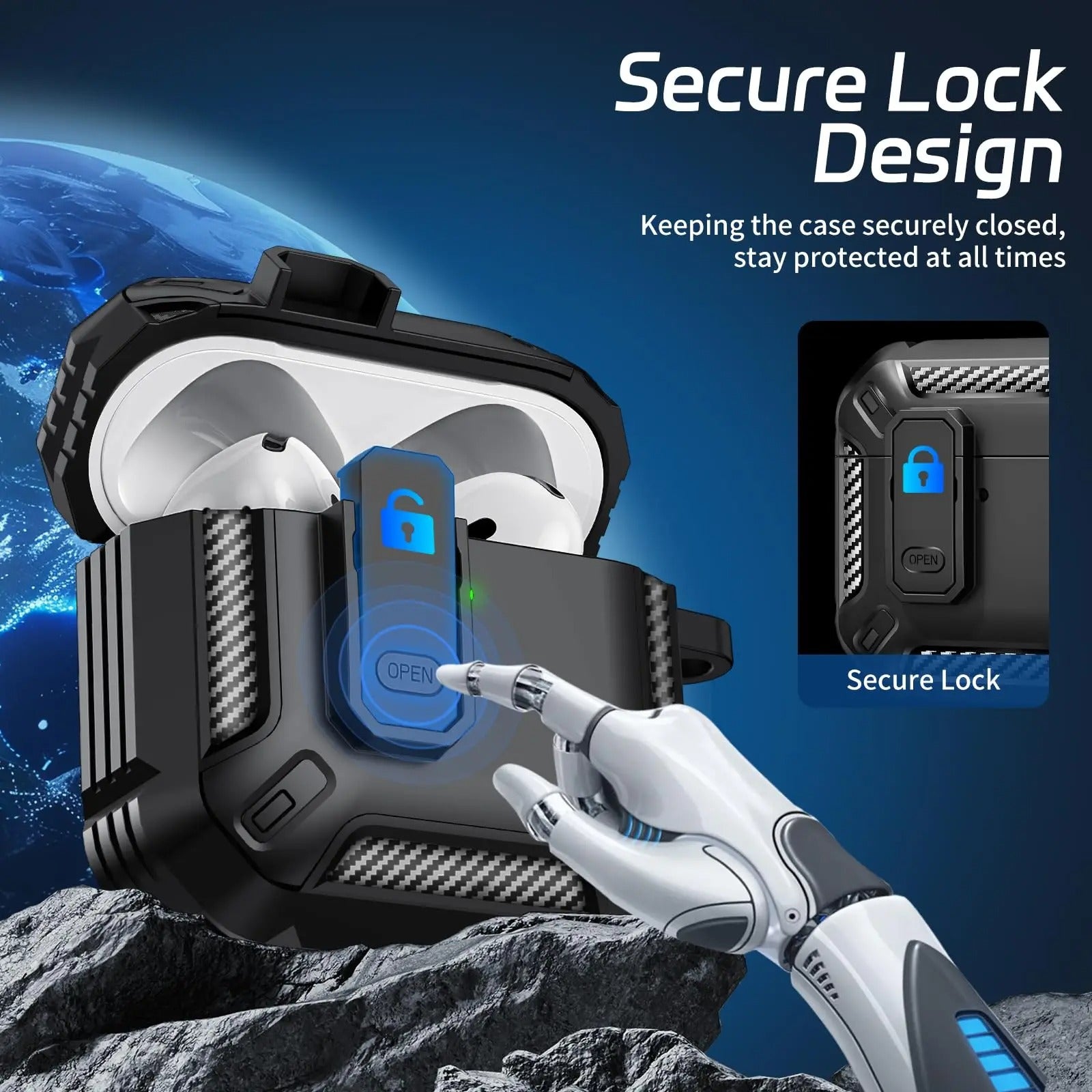 Premium Carbon Fiber AirPods Case Cover – Shockproof TPU Hard Shell with Secure Lock, Keychain, Wireless Charging Compatible for AirPods Pro 2, 3, 2, 1 & 4