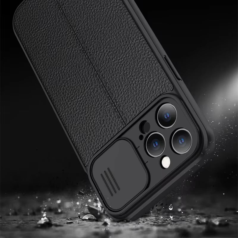 Luxury Leather Texture Apple iPhone Case, MagSafe Compatible, Ultra Thin Magnetic Shockproof Sliding Camera Lens Protector