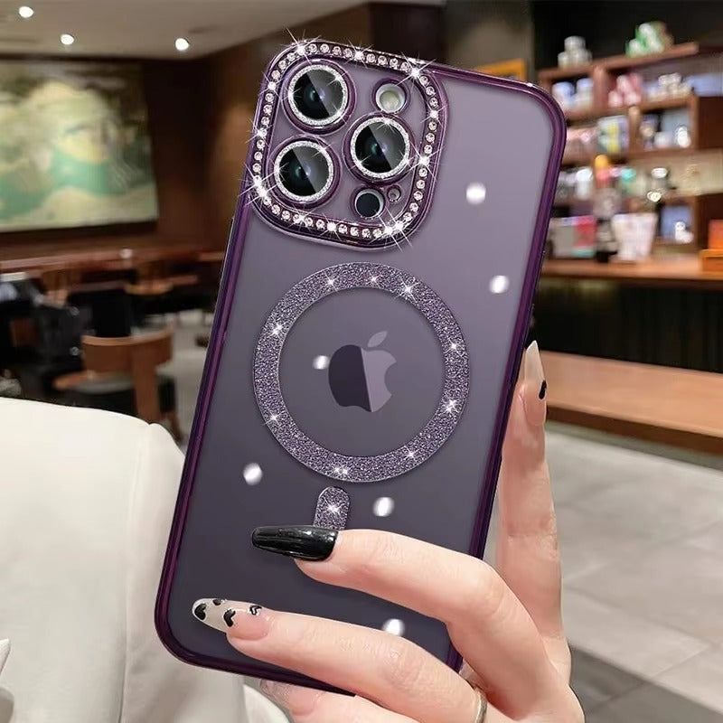 Luxury Pink Glitter Apple iPhone Case, MagSafe Compatible, Ultra Thin Magnetic Shockproof Full Protection Cover and Diamond Clear Plated Shell