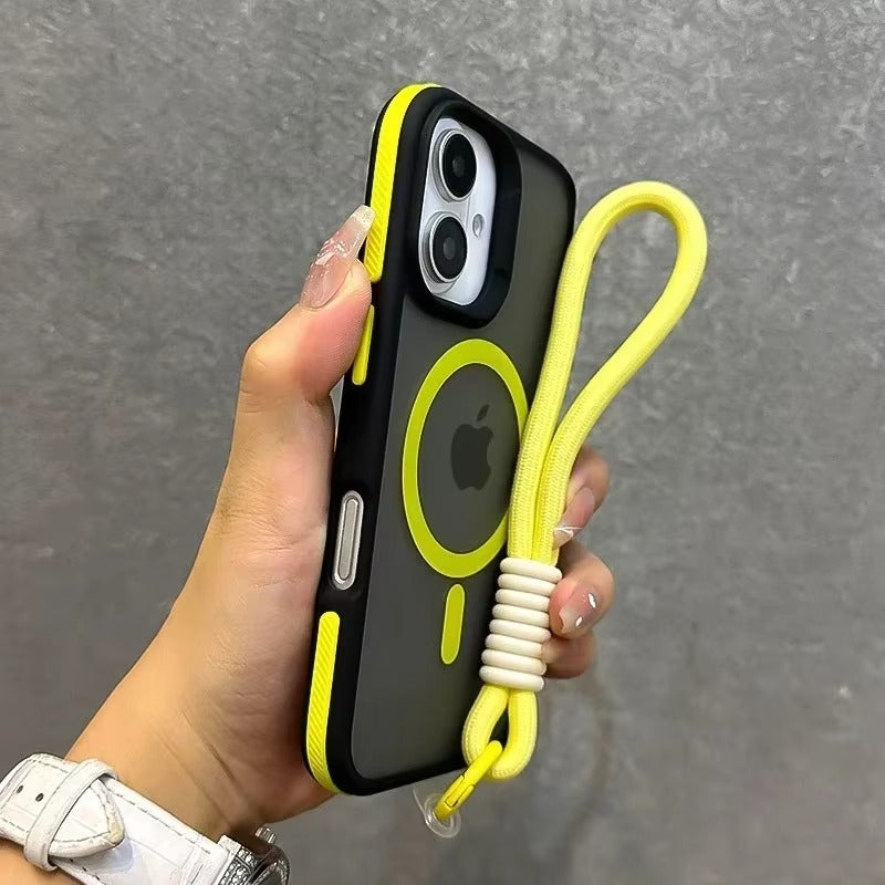 Luxury Apple iPhone Case Ultra Thin Shockproof Magnetic Full All Around Protection Cover with Matte Stand & Wrist Strap