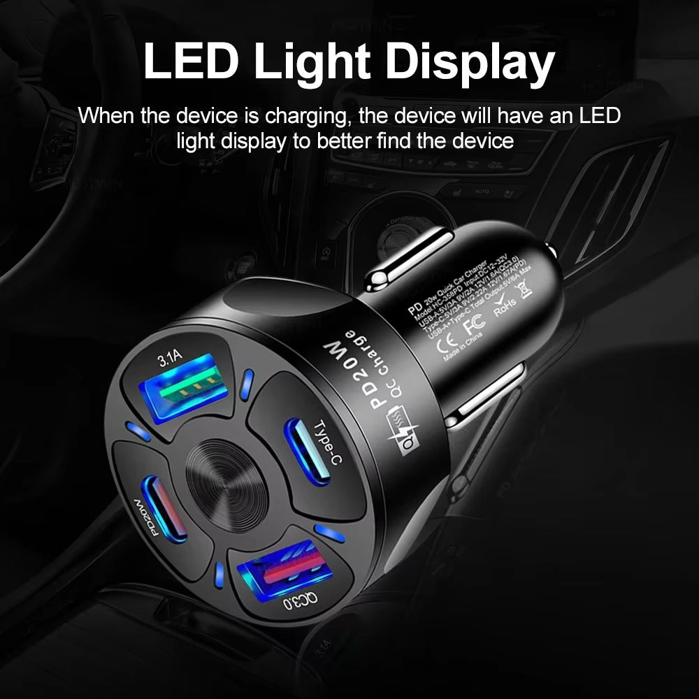 High Speed 55W USB Car Charger Adapter – 4-Port PD & QC3.0 Fast Charging Cigarette Lighter Plug with LED Display, Smart Protection for Phones & Tablets