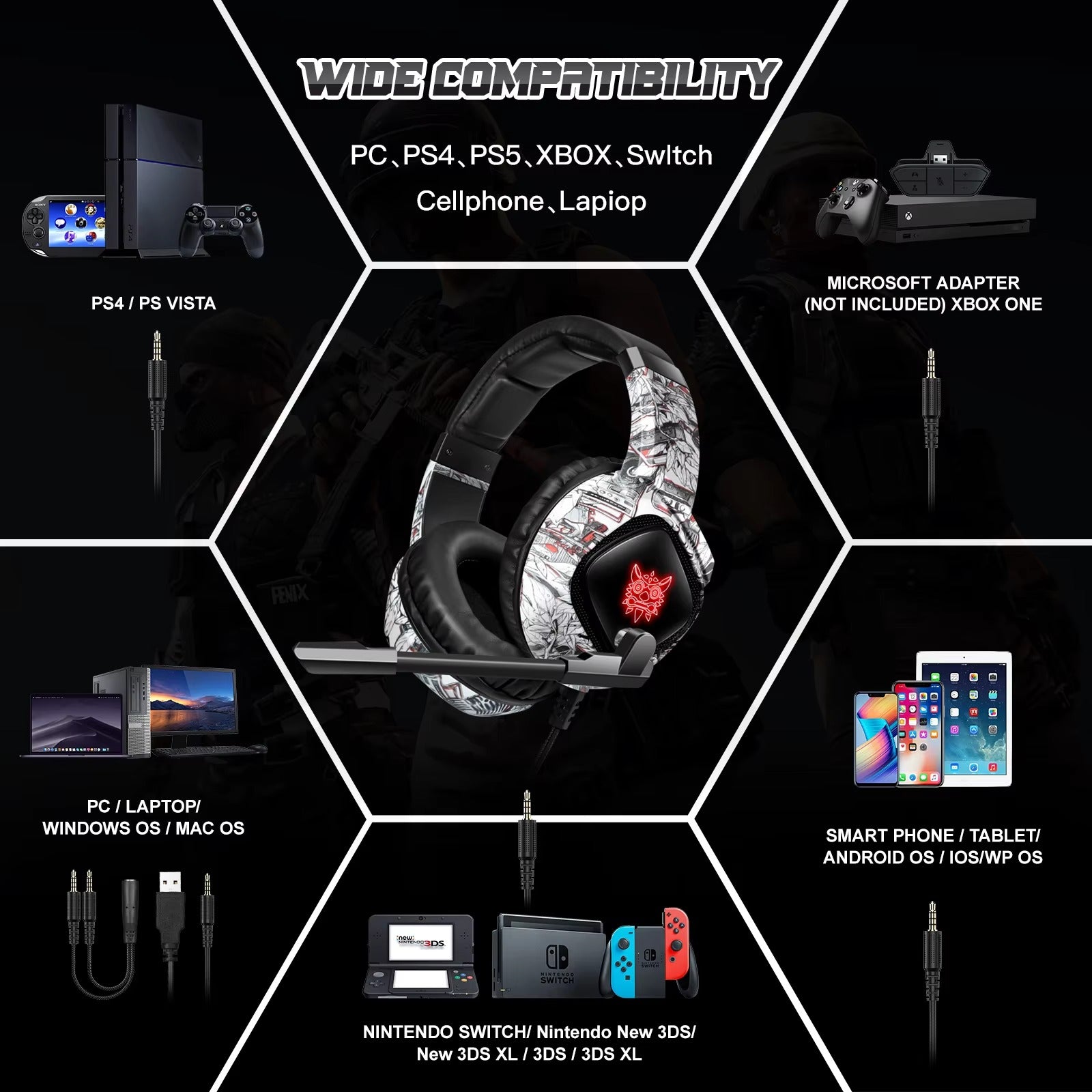 High Quality, Wired Gaming Headset with Microphone Stereo Over-Ear with Clear Sound for Apple Devices and Gaming Consoles