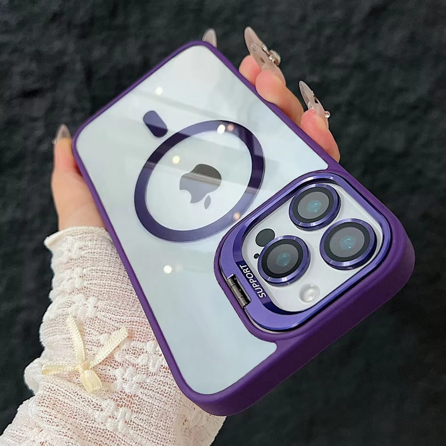 Premium Apple iPhone Case MagSafe Compatible, Camera Lens & Screen Protection, Cover with Transparent Stand & Lens Film