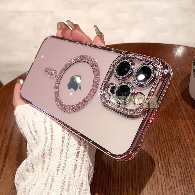 Luxury Pink Glitter Apple iPhone Case, MagSafe Compatible, Ultra Thin Magnetic Shockproof Full Protection Cover and Diamond Clear Plated Shell