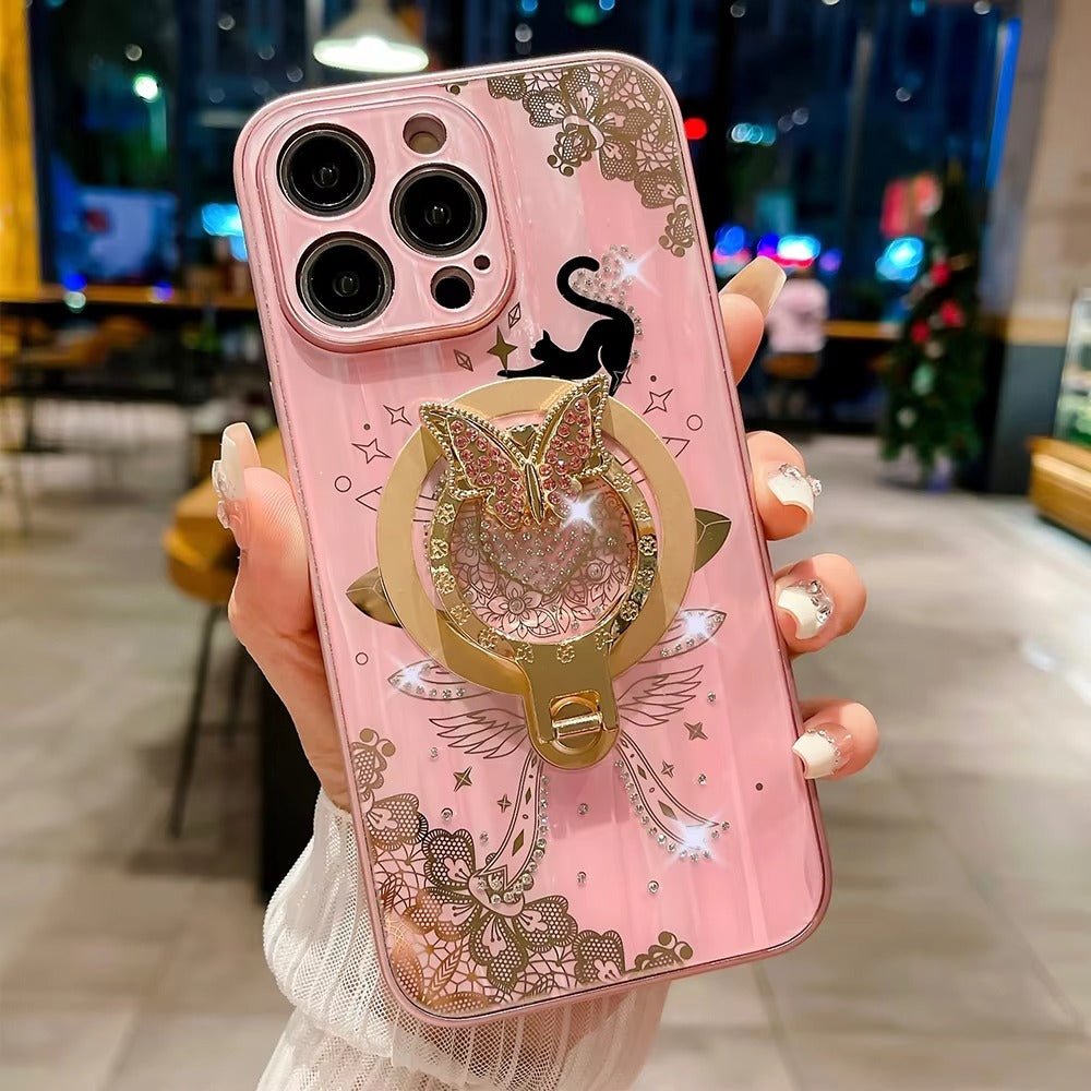 Luxury Apple iPhone Case, MagSafe Compatible, Camera Lens and Screen Protection, Ultra Thin, Shockproof, Magnetic, Full All Around Protection, Night Cat Ring Cover