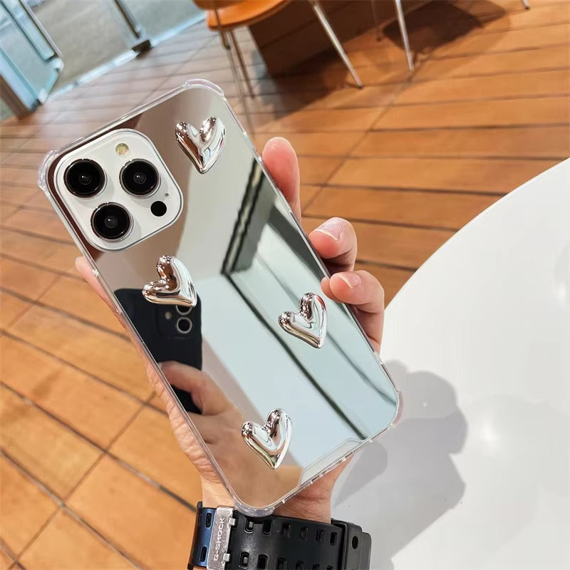 Luxury Apple iPhone Case, MagSafe Compatible, Camera Lens and Screen Protection, Ultra Thin, Shockproof, Magnetic, Full All Around Protection, Silvery Heart Mirror Cover