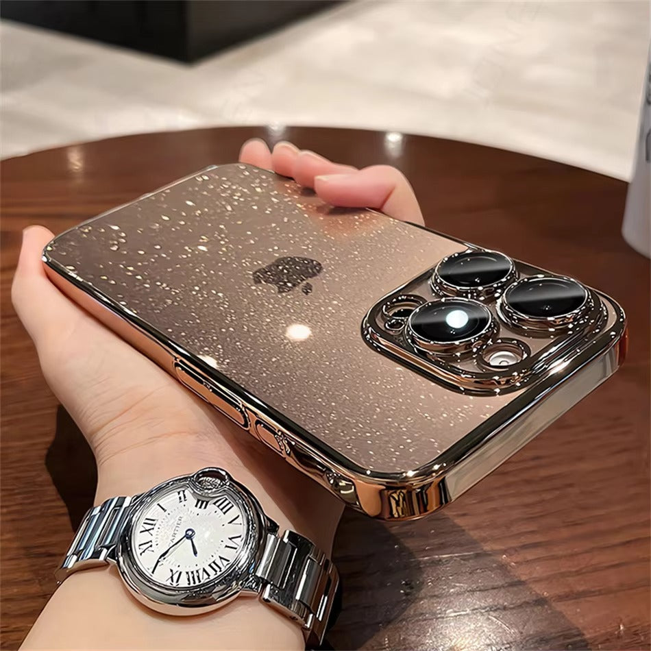 Luxury Apple iPhone Case, MagSafe Compatible, Camera Lens & Screen Protection, Ultra Thin, Shockproof, Magnetic Full All Around Cover – Transparent Glitter Slim Case with Electroplated Gold Bumper & Hard Plastic Back