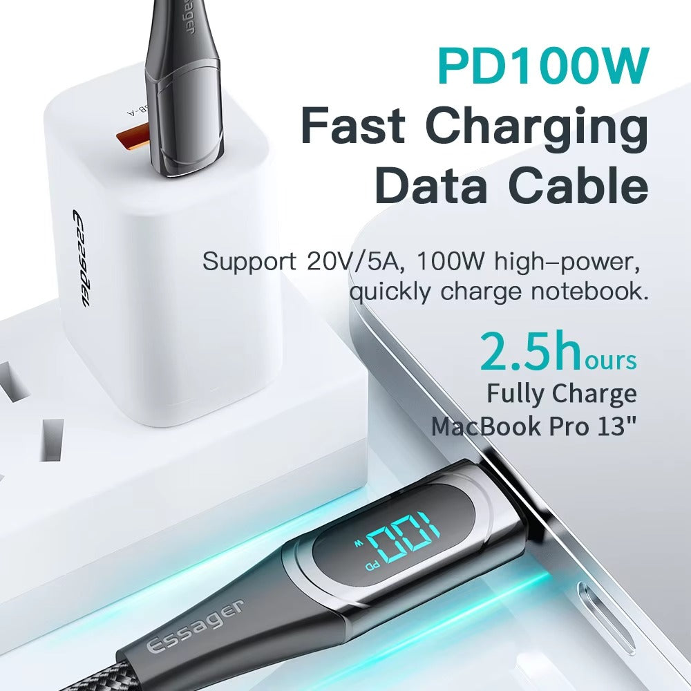 High Power 100W USB-C to USB-C Cable – Fast Charging 5A PD Charger Cord with LED Display, 480Mbps Data Transfer, 1m/2m Nylon Braided Wire for Laptop & Phone