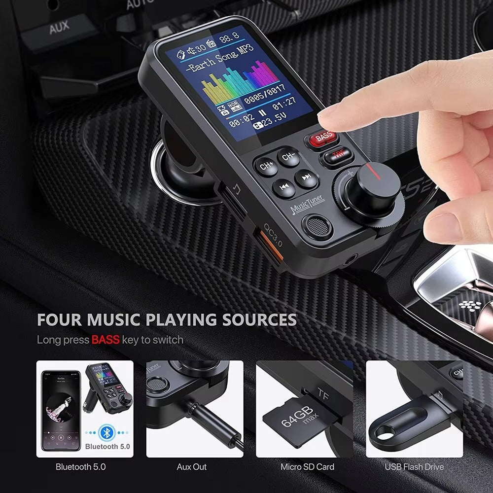 Premium, 1.8-Inch, Wireless Bluetooth FM Transmitter for Car, AUX Support, QC3.0 Charging, Treble, Bass Adjustment,