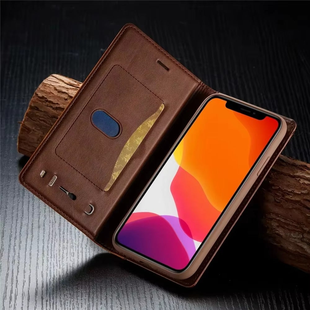 Premium Leather Flip iPhone Case, MagSafe Compatible, Ultra Thin Magnetic Shockproof Cover with Camera and Screen Protection