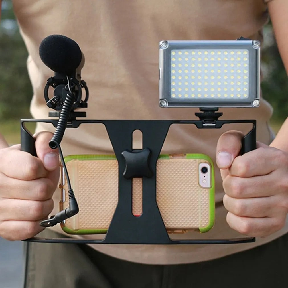Robust Smartphone Video Rig Stabilizer with Dual Handgrips – Universal Handheld Phone Cage for YouTube, Live Streaming, Vlogging, LED & Mic Mount