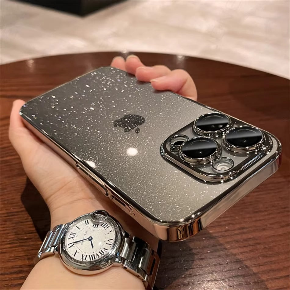 Luxury Apple iPhone Case, MagSafe Compatible, Camera Lens & Screen Protection, Ultra Thin, Shockproof, Magnetic Full All Around Cover – Transparent Glitter Slim Case with Electroplated Gold Bumper & Hard Plastic Back