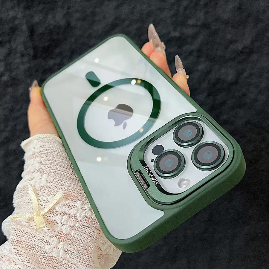 Premium Apple iPhone Case MagSafe Compatible, Camera Lens & Screen Protection, Cover with Transparent Stand & Lens Film