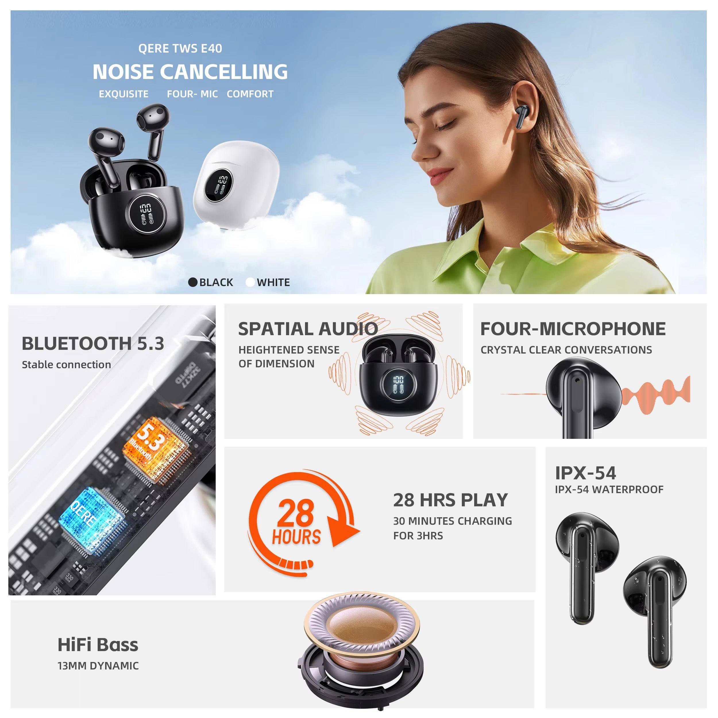 High Quality TWS Bluetooth 5.3 Earphones – 13mm Driver, 4 Mic ENC, Touch Control, LED Display, HiFi Bass, 28H Battery, Waterproof Wireless Headphones