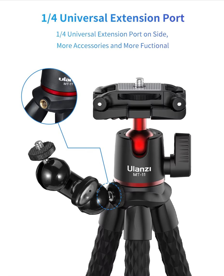 Robust, Flexible Octopus Tripod with Ball Head – Extendable 1/4'' Screw, Cold Shoe, Phone Clip for Camera, and Apple iPhone