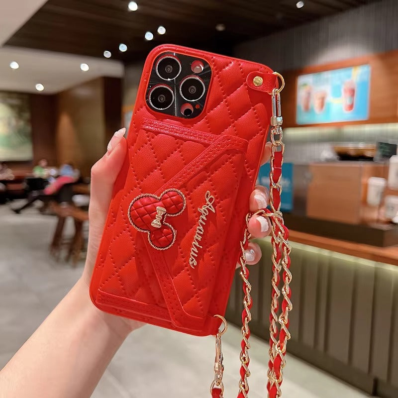 Luxury Apple iPhone Case, MagSafe Compatible, Camera Lens & Screen Protection, Ultra Thin, Shockproof, Magnetic Full All Around Cover – Rhombic Pattern PU Leather Card Holder Case with Lanyard Strap