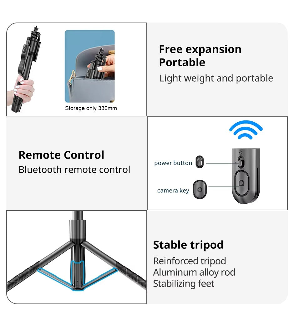 High Quality, Wireless Selfie Stick Tripod – Foldable, Steady Monopod Stand for Apple iPhone, Action Cameras, Live Shooting.