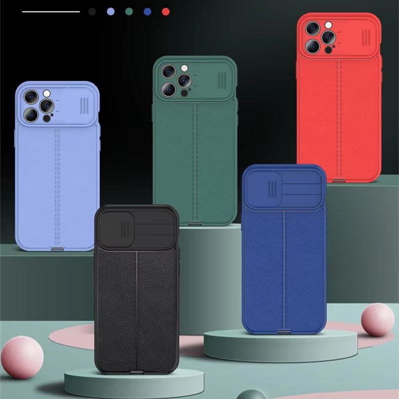 Luxury Leather Texture Apple iPhone Case, MagSafe Compatible, Ultra Thin Magnetic Shockproof Sliding Camera Lens Protector