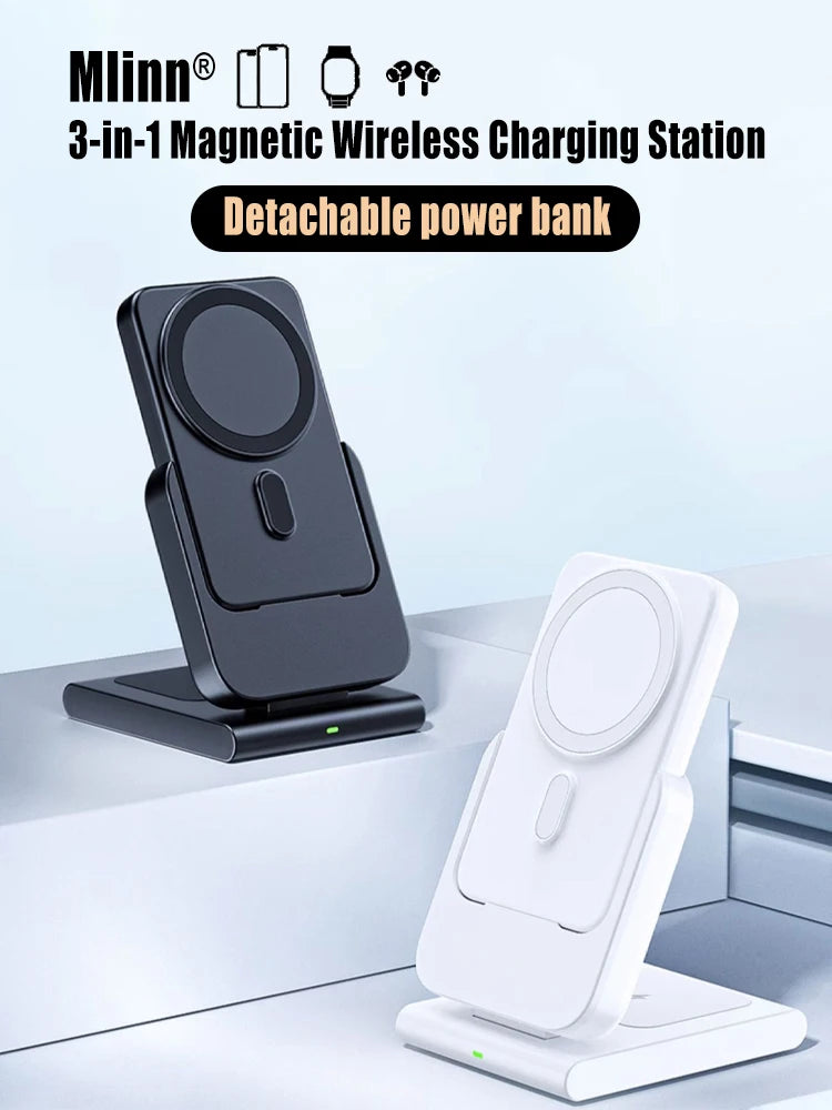 Premium 3-in-1 Magnetic Wireless Charging Station & Portable Power Bank – Fast Charger for iPhone, Apple Watch & AirPods with Detachable Design