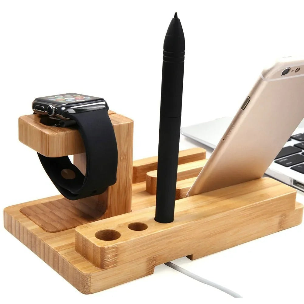 Luxury Bamboo Charging Dock Station – Multifunctional Stand Holder for iPad, iPhone, Apple Watch, Tablets and Smartphones with Cable Organizer