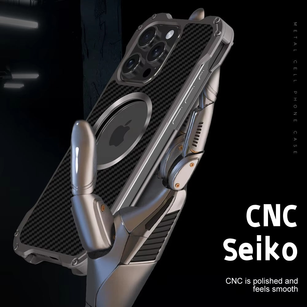 Robust Apple iPhone Case, MagSafe Compatible, Camera Lens & Screen Protection, Ultra Thin, Shockproof, Magnetic Full All Around Cover – Carbon Fiber Aluminum Alloy Case with Built-In Holder Ring & Lightweight Frame