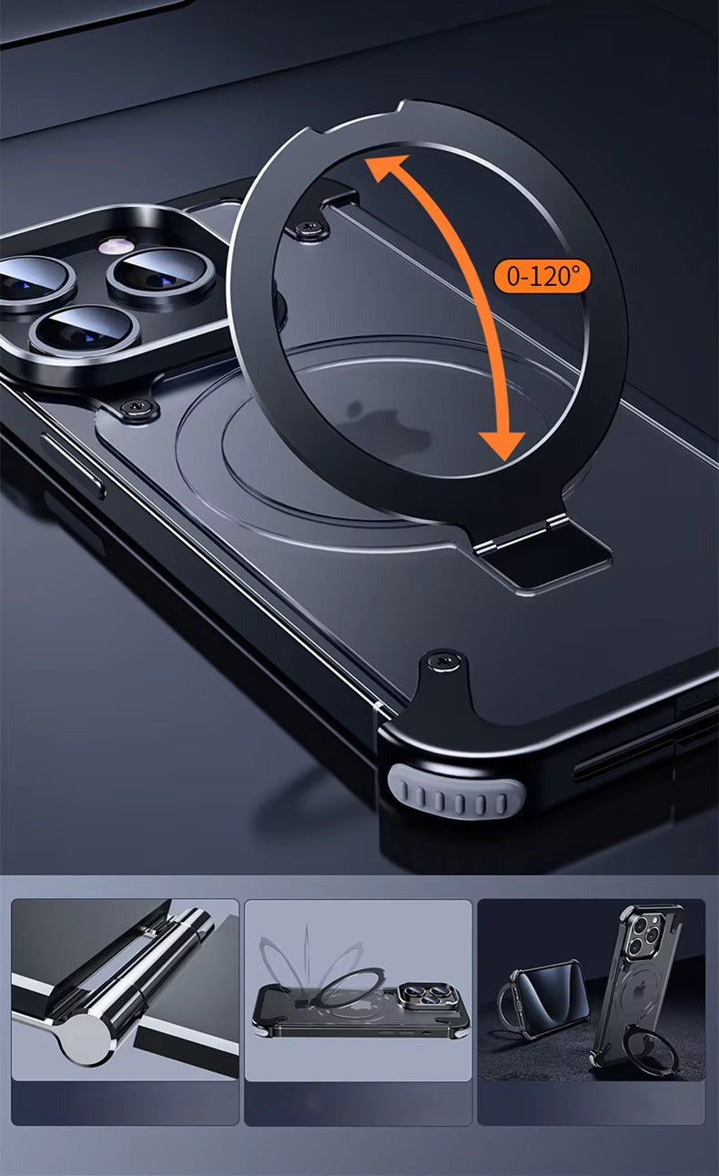 Luxury Edgeless Apple iPhone Case, MagSafe Compatible, Ultra Thin Magnetic Metal Frame and Aluminum Kickstand