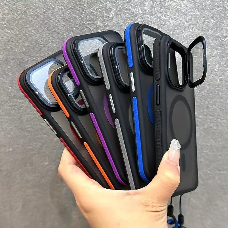Luxury Apple iPhone Case Ultra Thin Shockproof Magnetic Full All Around Protection Cover with Matte Stand & Wrist Strap