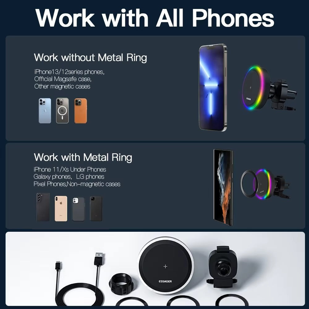 Premium, RGB, Magnetic Car Phone Holder, with 15W Qi Wireless Charging, Dashboard or Vent Mount, Fast Charger Stand for iPhone