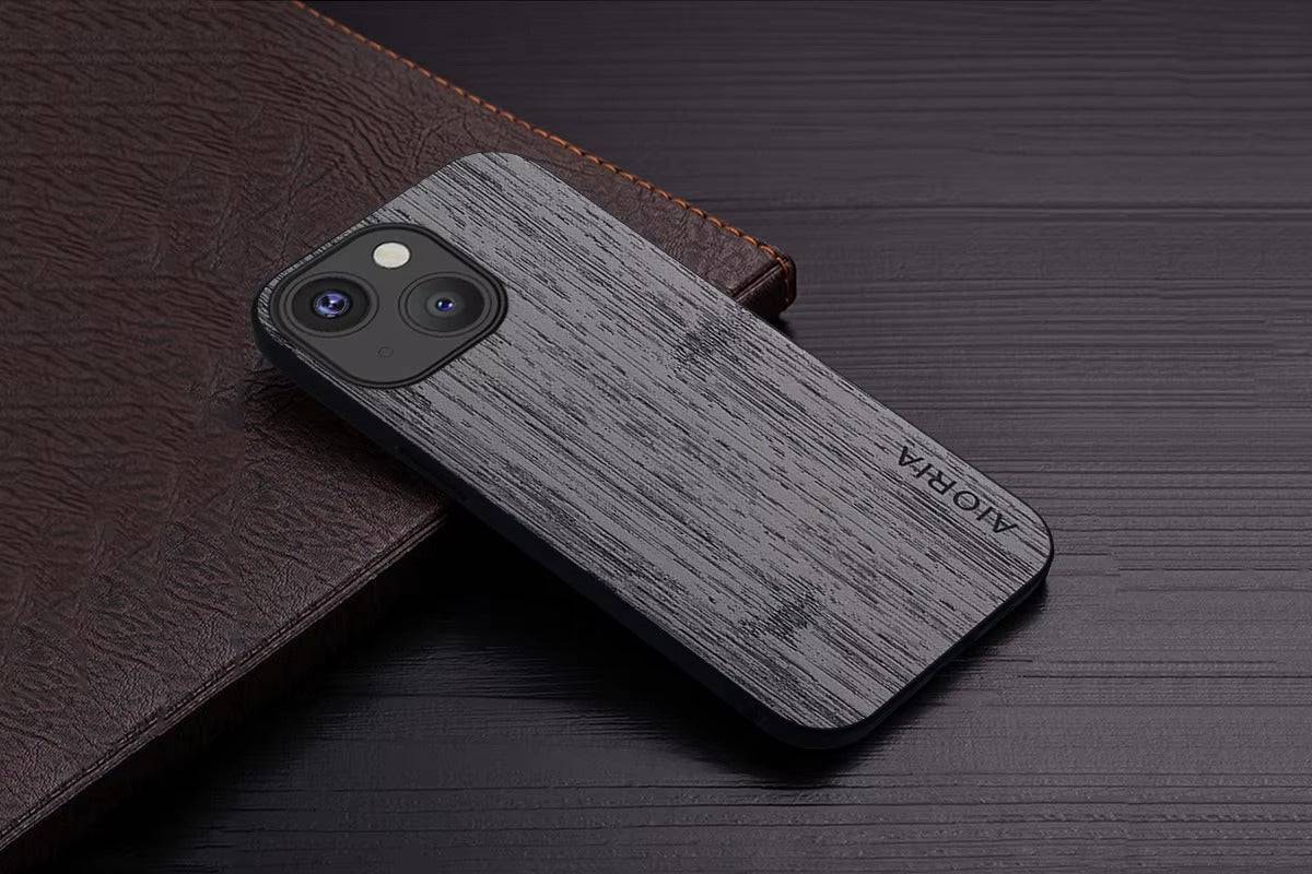 Premium Wood Grain iPhone Case MagSafe Compatible Ultra Thin Magnetic with Smooth Brown Texture and Metallic Frame Design