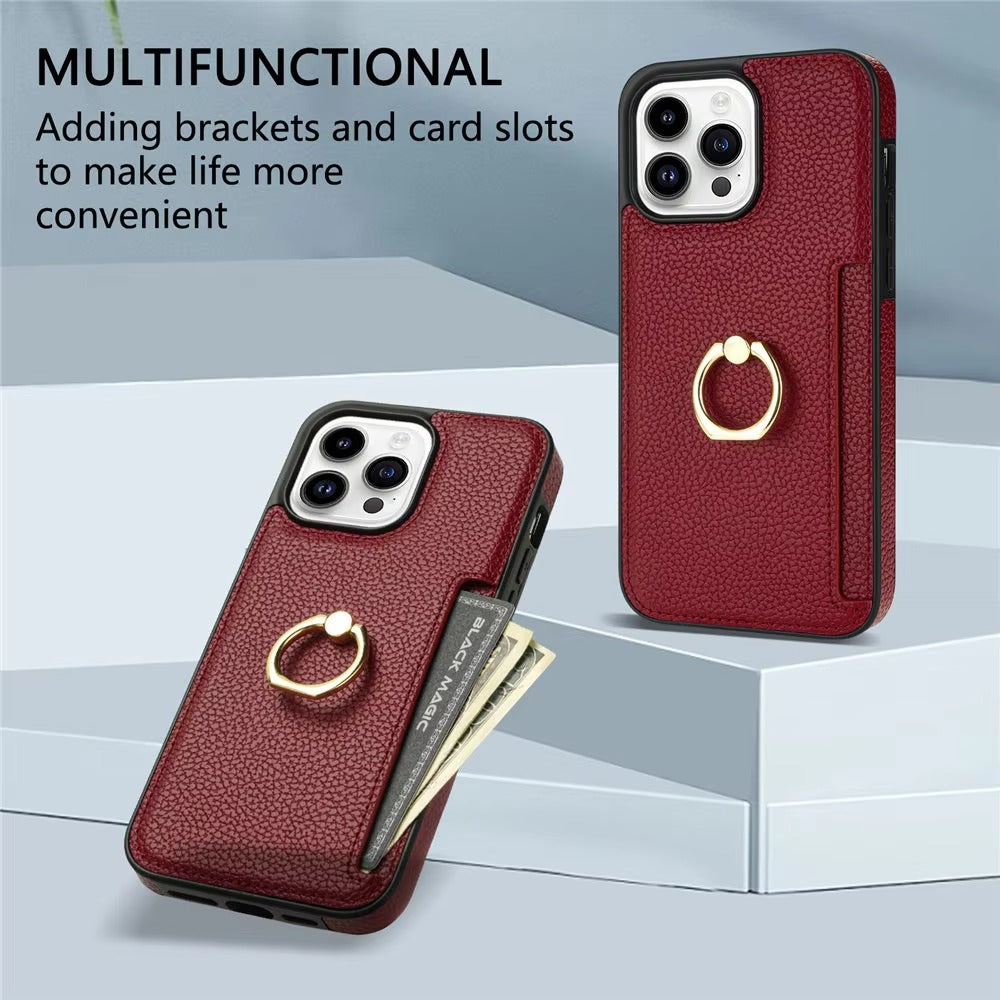 Luxury Card Slot Litchi Leather Apple iPhone Case, MagSafe Compatible, Ultra Thin Magnetic Shockproof Full Cover