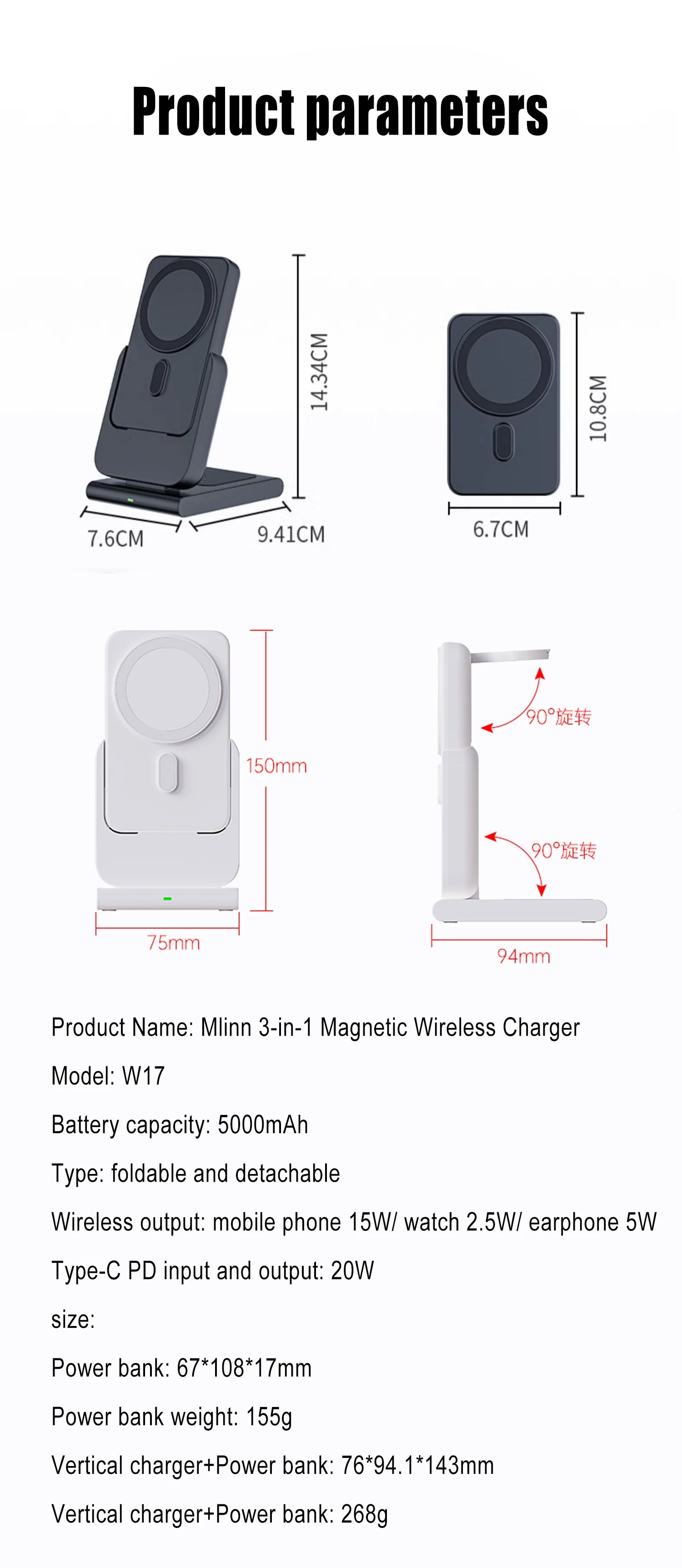 Premium 3-in-1 Magnetic Wireless Charging Station & Portable Power Bank – Fast Charger for iPhone, Apple Watch & AirPods with Detachable Design