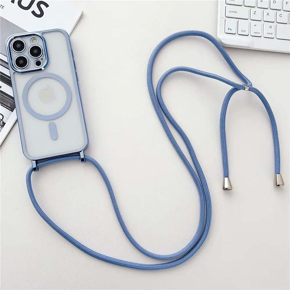 Luxury Apple iPhone Case, MagSafe Compatible, Camera Lens & Screen Protection, Ultra Thin, Shockproof, Magnetic Full All Around Cover – Clear Plating Soft Case with Necklace Lanyard Cord