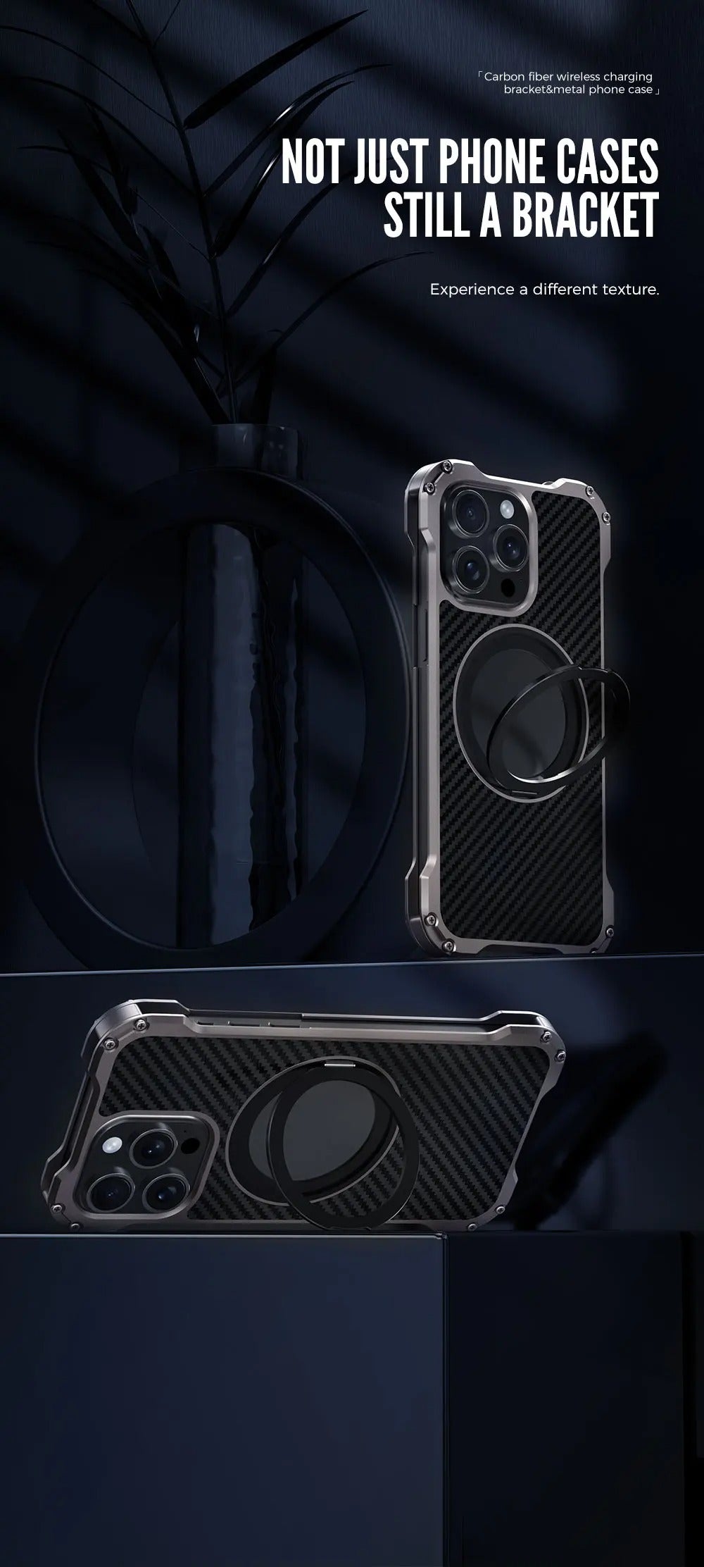 Robust Apple iPhone Case, MagSafe Compatible, Camera Lens & Screen Protection, Ultra Thin, Shockproof, Magnetic Full All Around Cover – Carbon Fiber Aluminum Alloy Case with Built-In Holder Ring & Lightweight Frame